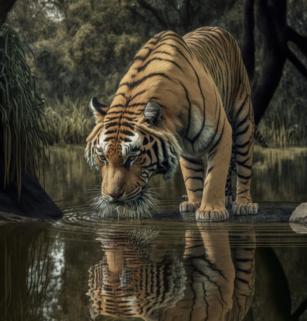 Tiger drinking 
AI image, Credit Umar, purchased from Adobe
